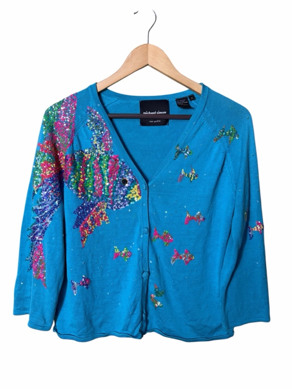Vintage Michael Simon Vibrant Tropical Fish Cardigan Wearable Art Size Medium